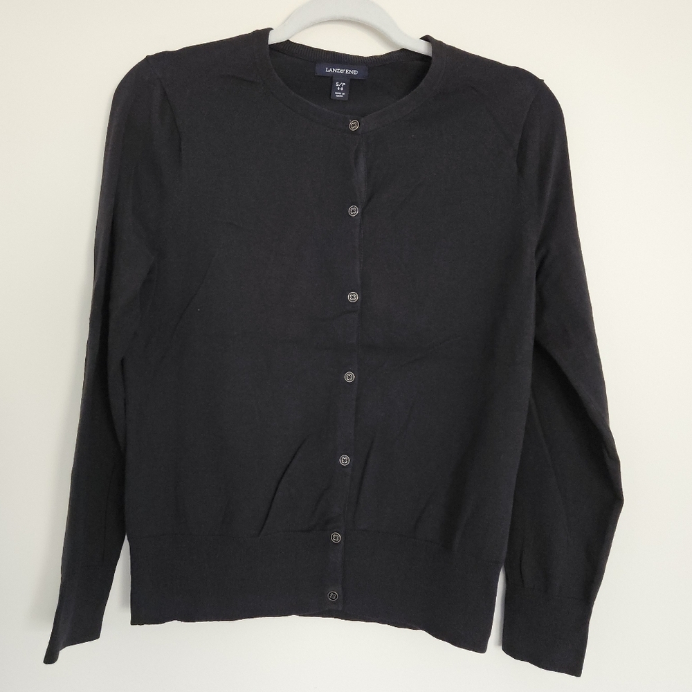 Lands' End Classic Cardigan Sweater Black Crew Neck S Small Petite